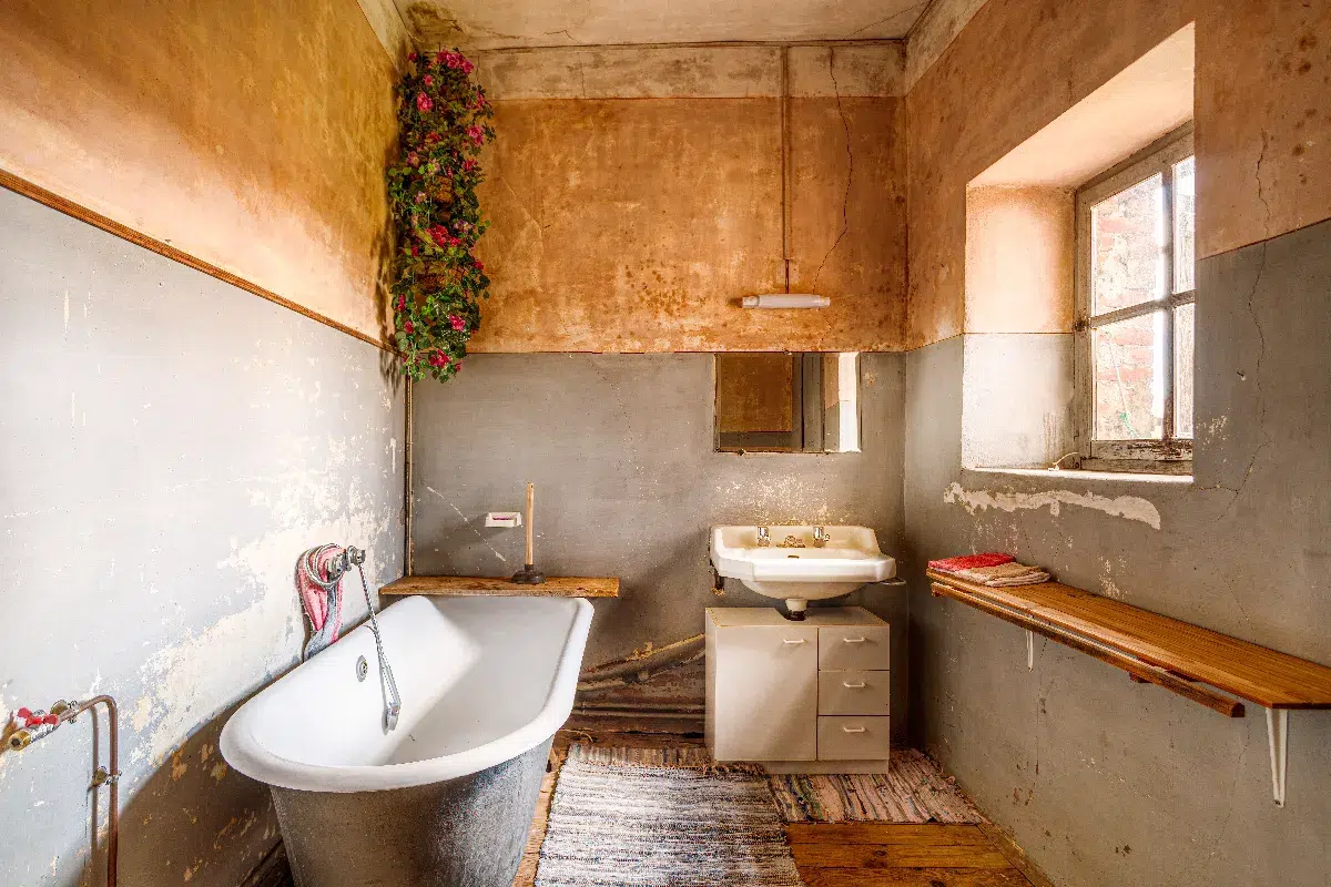 Salle de bain d’une ferme ancienne à rénover à Saint-Antoine-l’Abbaye – baignoire sur pieds et cachet authentique, Isère
